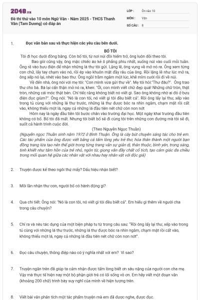 Đề thi thử vào 10 môn Ngữ Văn - Năm 2025 - THCS Thanh Vân (Tam Dương) có đáp án