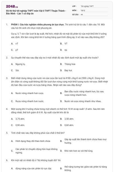 Đề thi thử tốt nghiệp THPT môn Vật lí  THPT Thuận Thành - Bắc Ninh - Lần 1 có đáp án