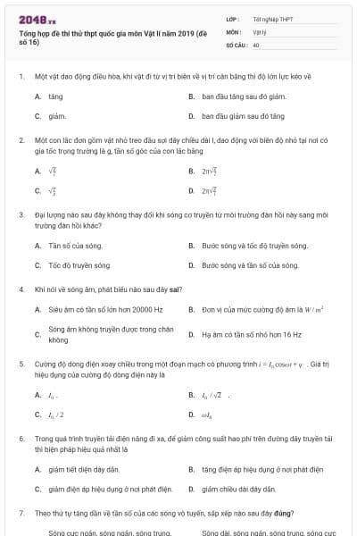 Tổng hợp đề thi thử thpt quốc gia môn Vật lí năm 2019 (đề số 16)