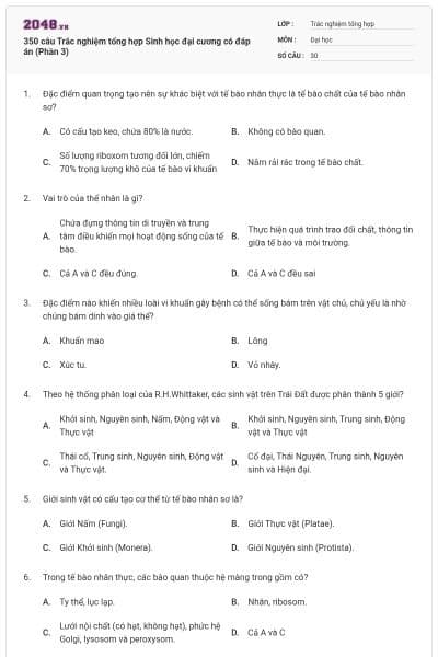 350 câu Trắc nghiệm tổng hợp Sinh học đại cương có đáp án (Phần 3)