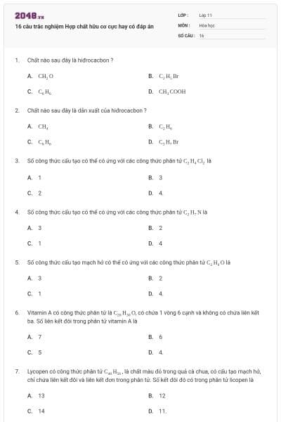 16 câu trắc nghiệm Hợp chất hữu cơ cực hay có đáp án