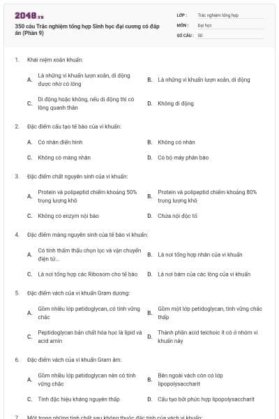 350 câu Trắc nghiệm tổng hợp Sinh học đại cương có đáp án (Phần 9)