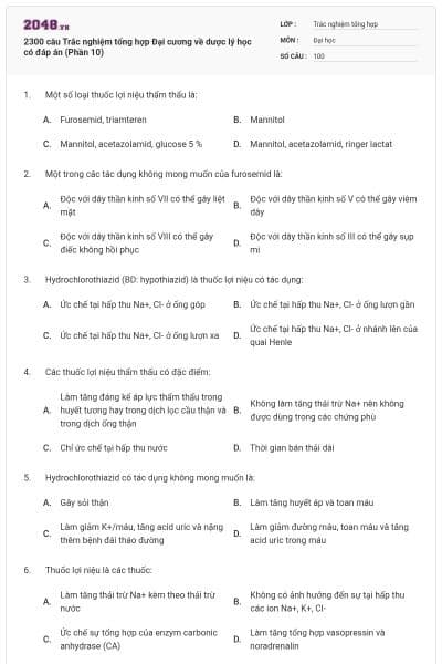 2300 câu Trắc nghiệm tổng hợp Đại cương về dược lý học có đáp án (Phần 10)