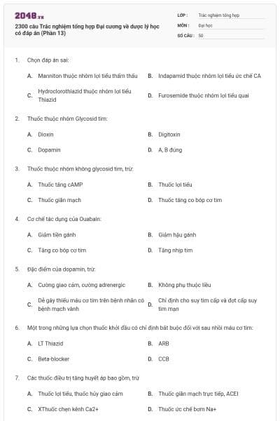 2300 câu Trắc nghiệm tổng hợp Đại cương về dược lý học có đáp án (Phần 13)