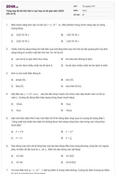 Tổng hợp đề thi thử Vật Lí cực hay có lời giải năm 2020 (đề số 6)