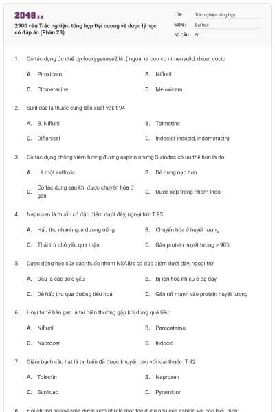 2300 câu Trắc nghiệm tổng hợp Đại cương về dược lý học có đáp án (Phần 28)