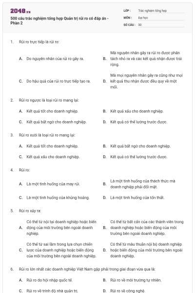 500 câu trắc nghiệm tổng hợp Quản trị rủi ro có đáp án - Phần 2