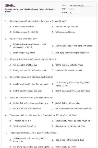 500 câu trắc nghiệm tổng hợp Quản trị rủi ro có đáp án - Phần 4