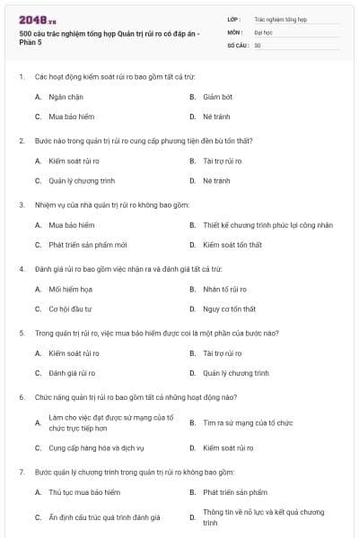 500 câu trắc nghiệm tổng hợp Quản trị rủi ro có đáp án - Phần 5