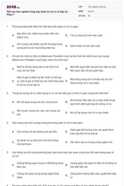 500 câu trắc nghiệm tổng hợp Quản trị rủi ro có đáp án - Phần 7