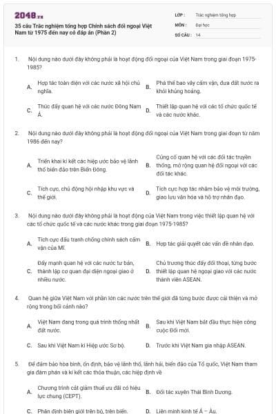 35 câu Trắc nghiệm tổng hợp Chính sách đối ngoại Việt Nam từ 1975 đến nay có đáp án (Phần 2)