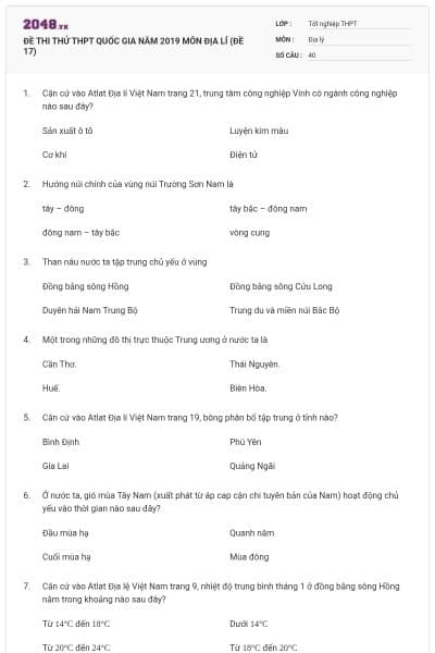 ĐỀ THI THỬ THPT QUỐC GIA NĂM 2019 MÔN ĐỊA LÍ (ĐỀ 17)