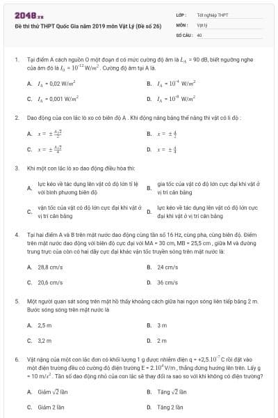Đề thi thử THPT Quốc Gia năm 2019 môn Vật Lý (Đề số 26)