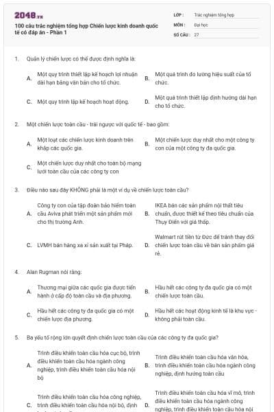 100 câu trắc nghiệm tổng hợp Chiến lược kinh doanh quốc tế có đáp án - Phần 1