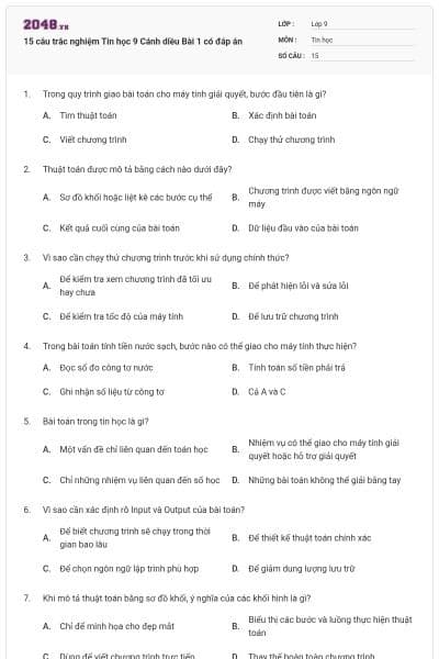 15 câu trắc nghiệm Tin học 9 Cánh diều Bài 1 có đáp án