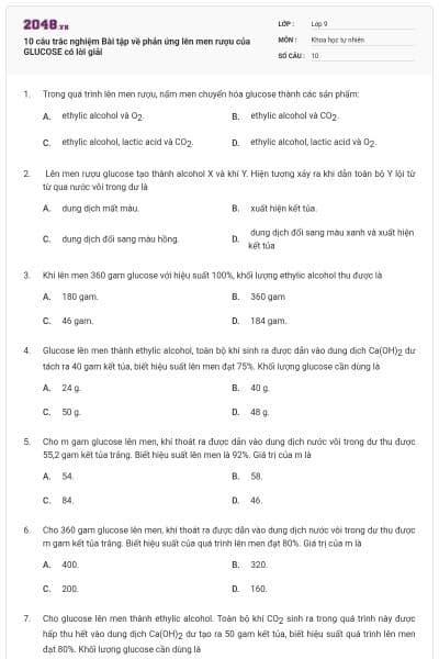 10 câu trắc nghiệm Bài tập về phản ứng lên men rượu của GLUCOSE có lời giải