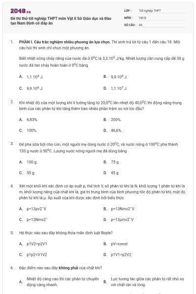 Đề thi thử tốt nghiệp THPT môn Vật lí Sở Giáo dục và Đào tạo Nam Định có đáp án