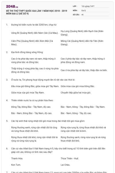 ĐỀ THI THỬ THPT QUỐC GIA LẦN 1 NĂM HỌC 2018 - 2019 MÔN ĐỊA LÍ (ĐẾ SỐ 9)