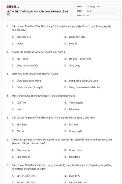 ĐỀ THI THỬ THPT QUỐC GIA NĂM 2019 MÔN ĐỊA LÍ (ĐỀ 17)