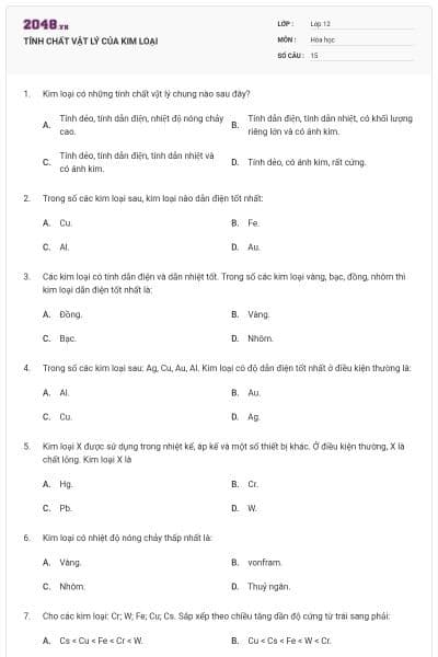 TÍNH CHẤT VẬT LÝ CỦA KIM LOẠI