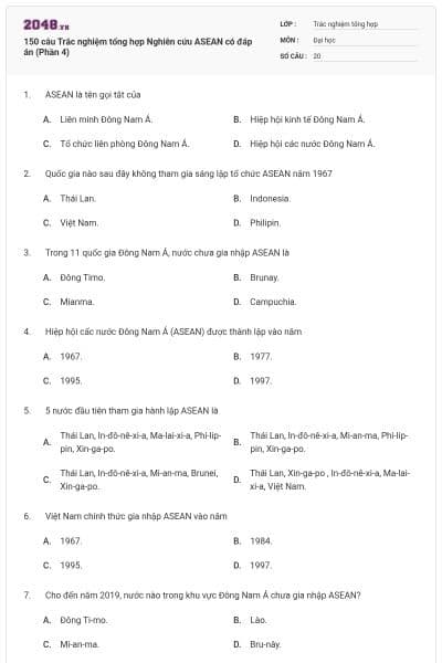 150 câu Trắc nghiệm tổng hợp Nghiên cứu ASEAN có đáp án (Phần 4)