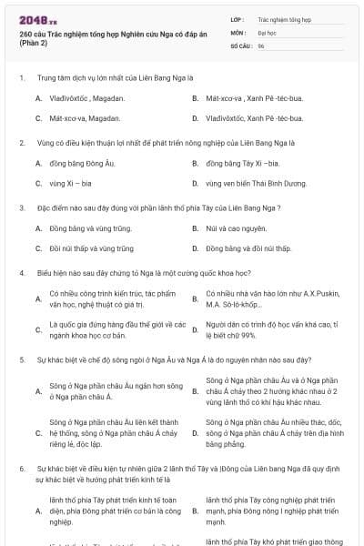 260 câu Trắc nghiệm tổng hợp Nghiên cứu Nga có đáp án (Phần 2)