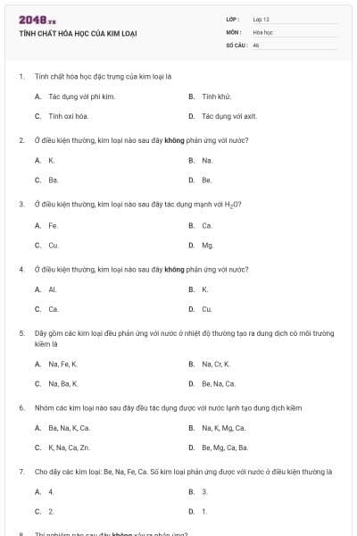 TÍNH CHẤT HÓA HỌC CỦA KIM LOẠI