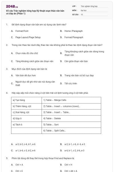 65 câu Trắc nghiệm tổng hợp Kỹ thuật soạn thảo văn bản có đáp án (Phần 1)