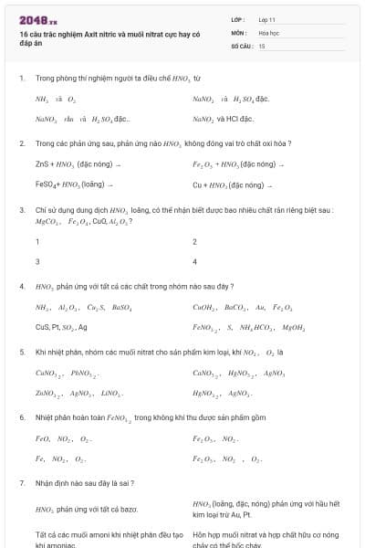 16 câu trắc nghiệm Axit nitric và muối nitrat cực hay có đáp án