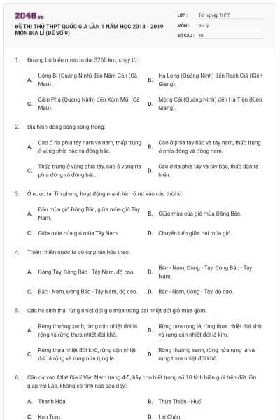 ĐỀ THI THỬ THPT QUỐC GIA LẦN 1 NĂM HỌC 2018 - 2019 MÔN ĐỊA LÍ (ĐẾ SỐ 9)