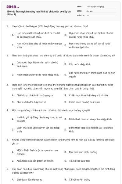 180 câu Trắc nghiệm tổng hợp Kinh tế phát triển có đáp án (Phần 2)