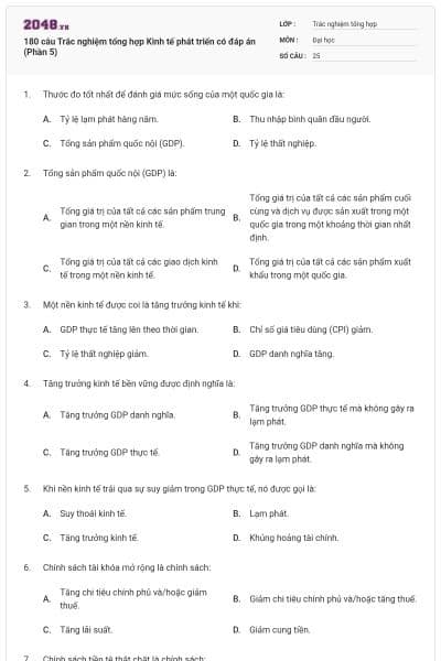 180 câu Trắc nghiệm tổng hợp Kinh tế phát triển có đáp án (Phần 5)