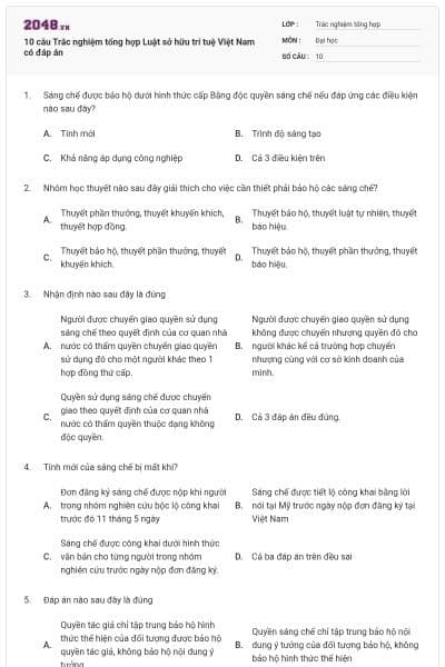 10 câu Trắc nghiệm tổng hợp Luật sở hữu trí tuệ Việt Nam có đáp án