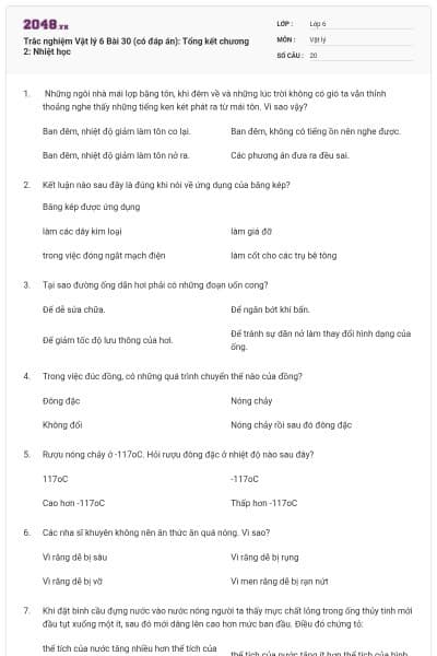 Trắc nghiệm Vật lý 6 Bài 30 (có đáp án): Tổng kết chương 2: Nhiệt học