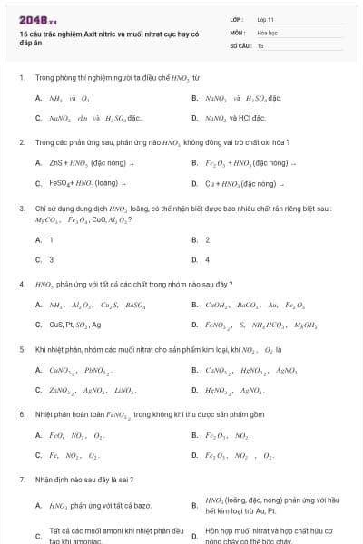 16 câu trắc nghiệm Axit nitric và muối nitrat cực hay có đáp án