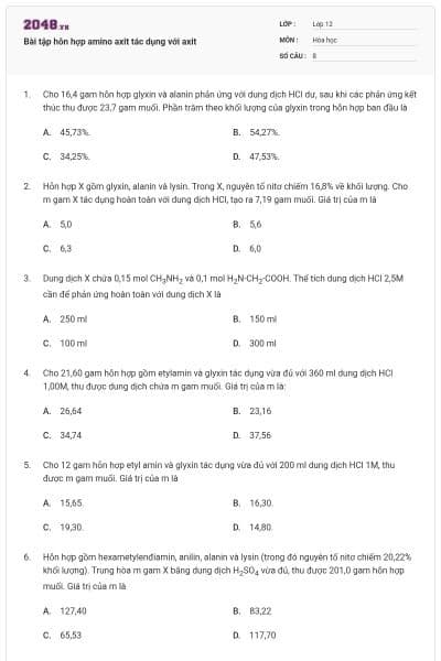 Bài tập hỗn hợp amino axit tác dụng với axit