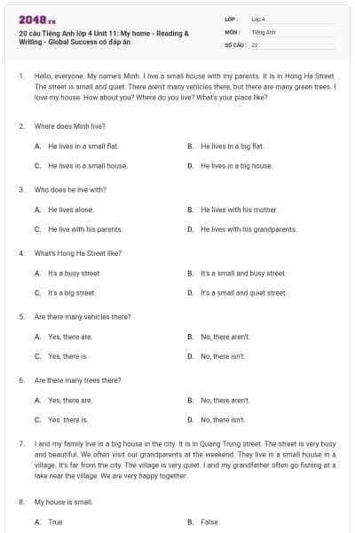 20 câu Tiếng Anh lớp 4 Unit 11: My home - Reading & Writing - Global Success có đáp án