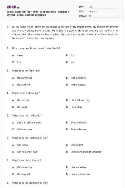 20 câu Tiếng Anh lớp 4 Unit 13: Appearance - Reading & Writing - Global Success có đáp án