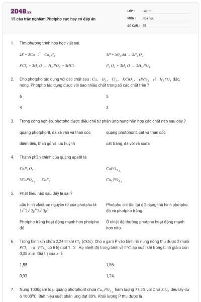 15 câu trắc nghiệm Photpho cực hay có đáp án