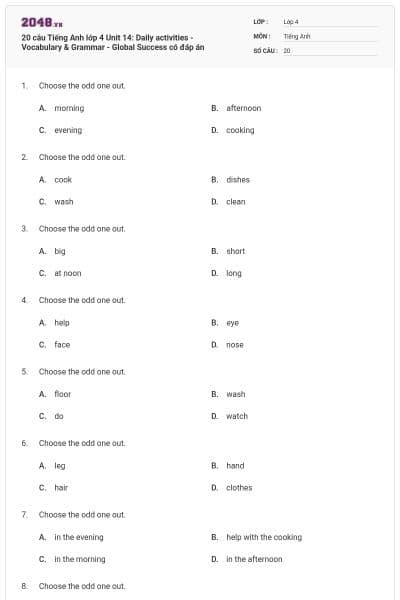 20 câu Tiếng Anh lớp 4 Unit 14: Daily activities - Vocabulary & Grammar - Global Success có đáp án