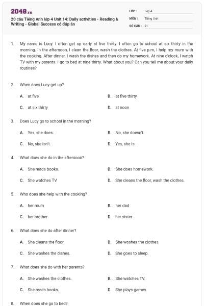 20 câu Tiếng Anh lớp 4 Unit 14: Daily activities - Reading & Writing - Global Success có đáp án