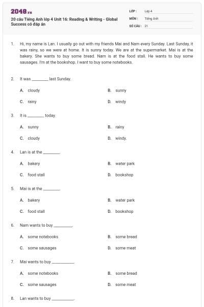 20 câu Tiếng Anh lớp 4 Unit 16: Reading & Writing - Global Success có đáp án