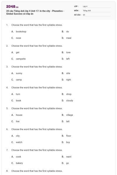 20 câu Tiếng Anh lớp 4 Unit 17: In the city - Phonetics - Global Success có đáp án