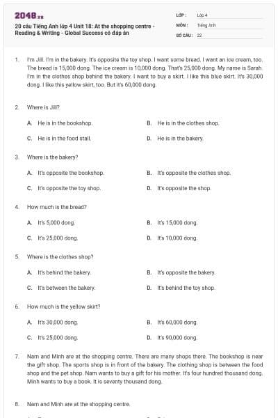 20 câu Tiếng Anh lớp 4 Unit 18: At the shopping centre - Reading & Writing - Global Success có đáp án