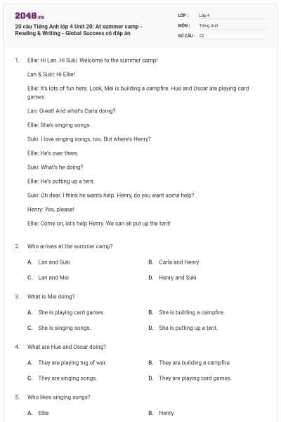 20 câu Tiếng Anh lớp 4 Unit 20: At summer camp - Reading & Writing - Global Success có đáp án
