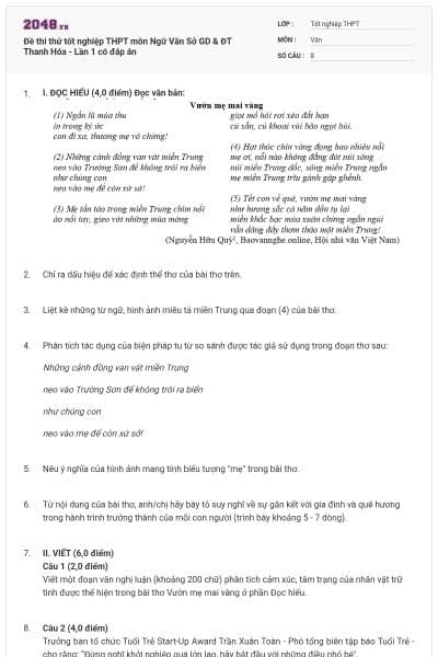 Đề thi thử tốt nghiệp THPT môn Ngữ Văn Sở GD & ĐT Thanh Hóa - Lần 1 có đáp án