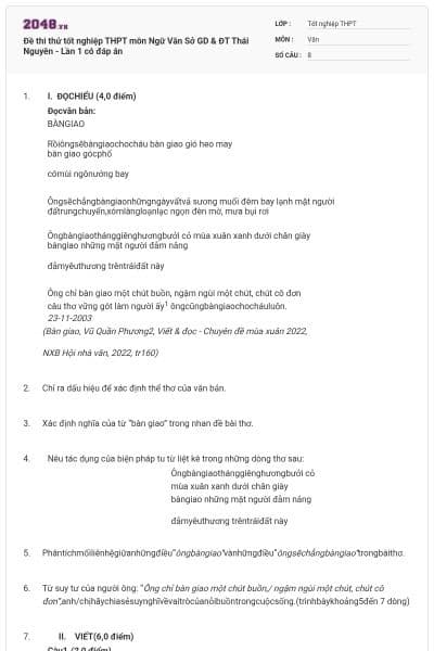 Đề thi thử tốt nghiệp THPT môn Ngữ Văn Sở GD & ĐT Thái Nguyên - Lần 1 có đáp án