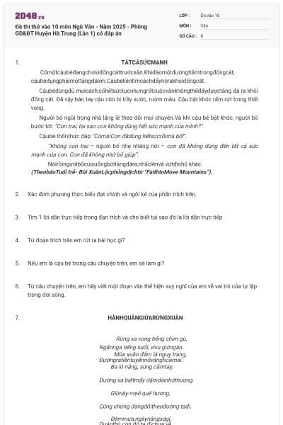 Đề thi thử vào 10 môn Ngữ Văn - Năm 2025 - Phòng GD&ĐT Huyện Hà Trung (Lần 1) có đáp án