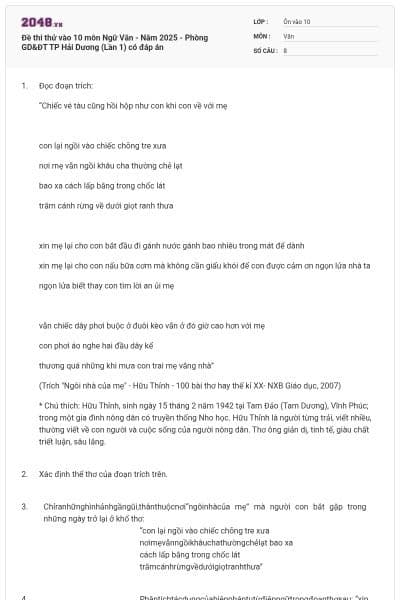 Đề thi thử vào 10 môn Ngữ Văn - Năm 2025 - Phòng GD&ĐT TP Hải Dương (Lần 1) có đáp án