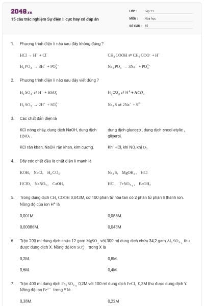 15 câu trắc nghiệm Sự điện li cực hay có đáp án
